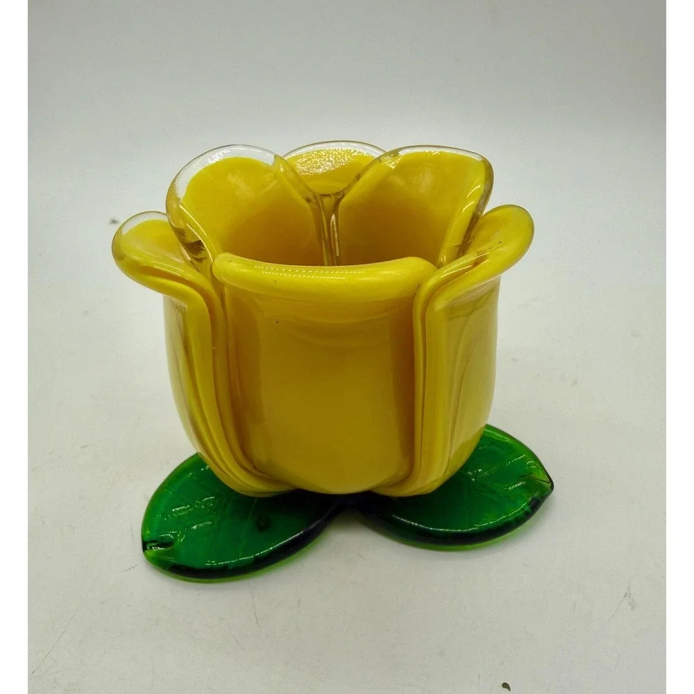 Vase Yellow Hand Blown Glass Art Glass Tulip Votive Candle Holder Cottage